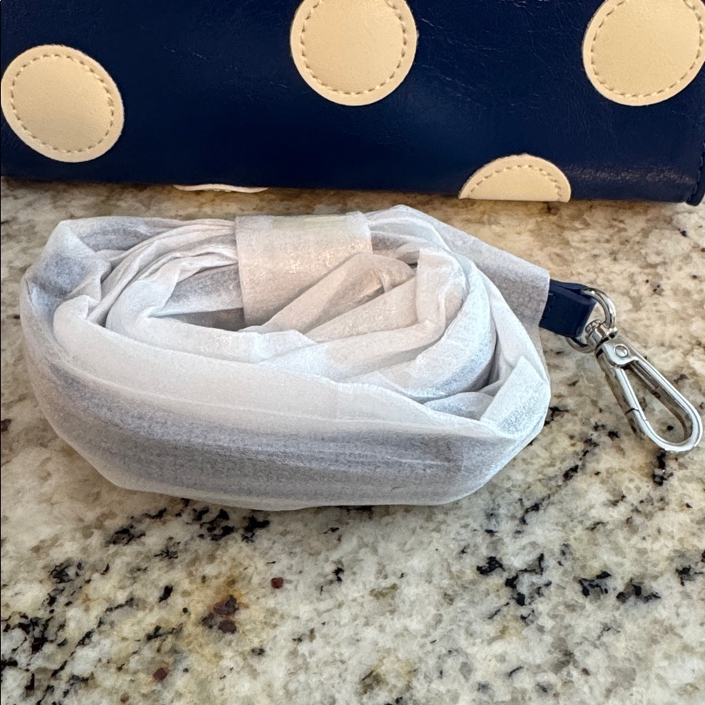Melie Bianco Anthropologie Navy Blue Mini Top-Handle Bag with Cream Polka Dots - Picture 8 of 10
